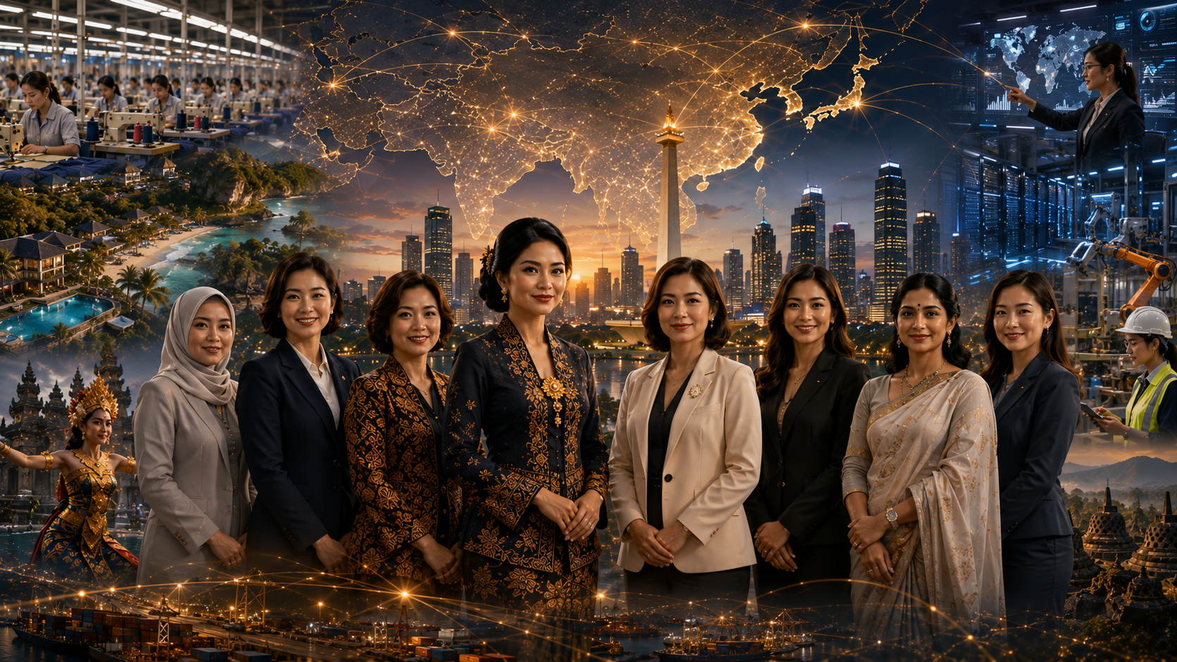 Women leaders representing Indonesia and Asia driving global business, technology, manufacturing, and sustainable growth