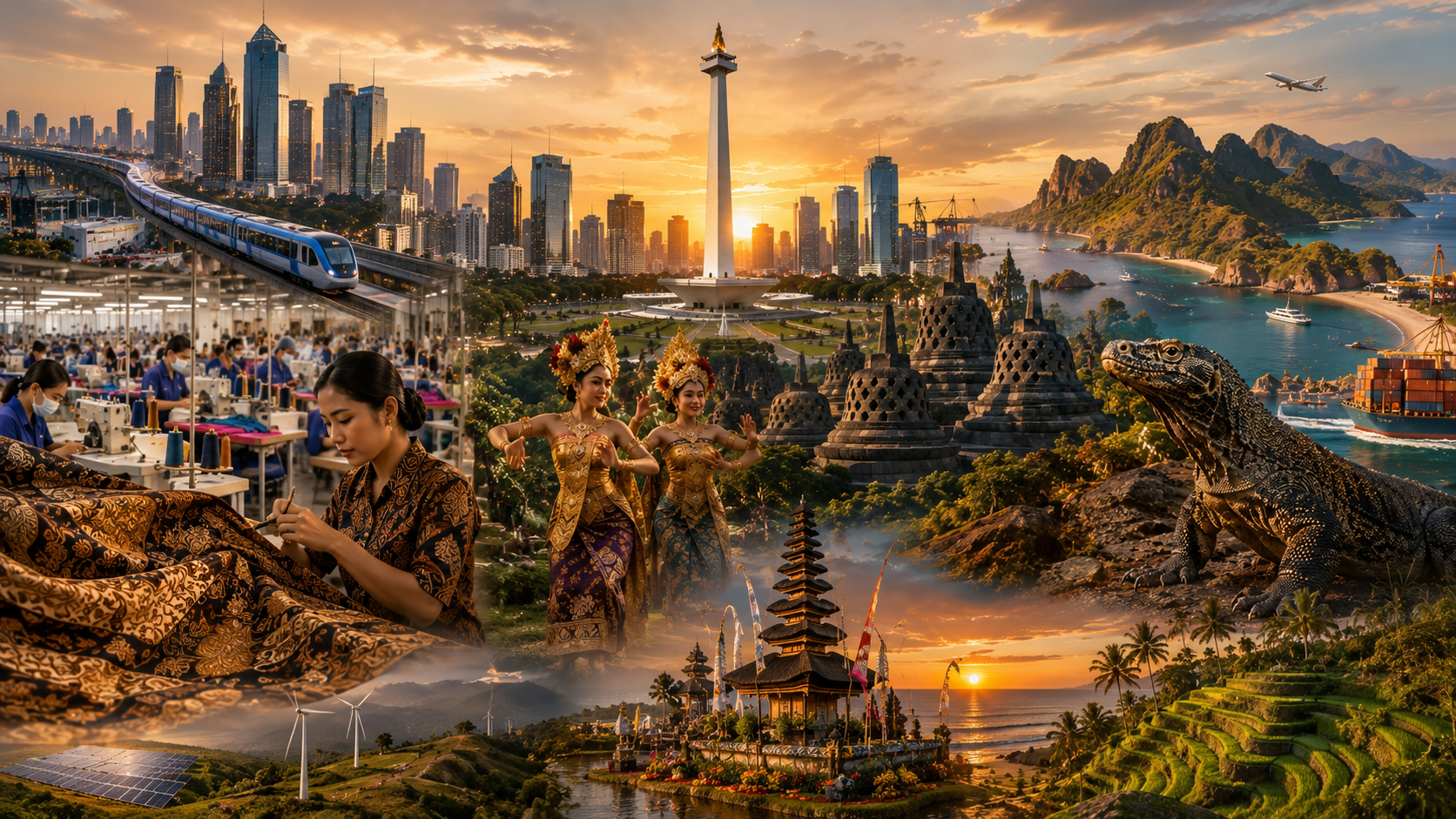 Indonesia's modern infrastructure, manufacturing, cultural heritage, natural destinations, and global trade connections